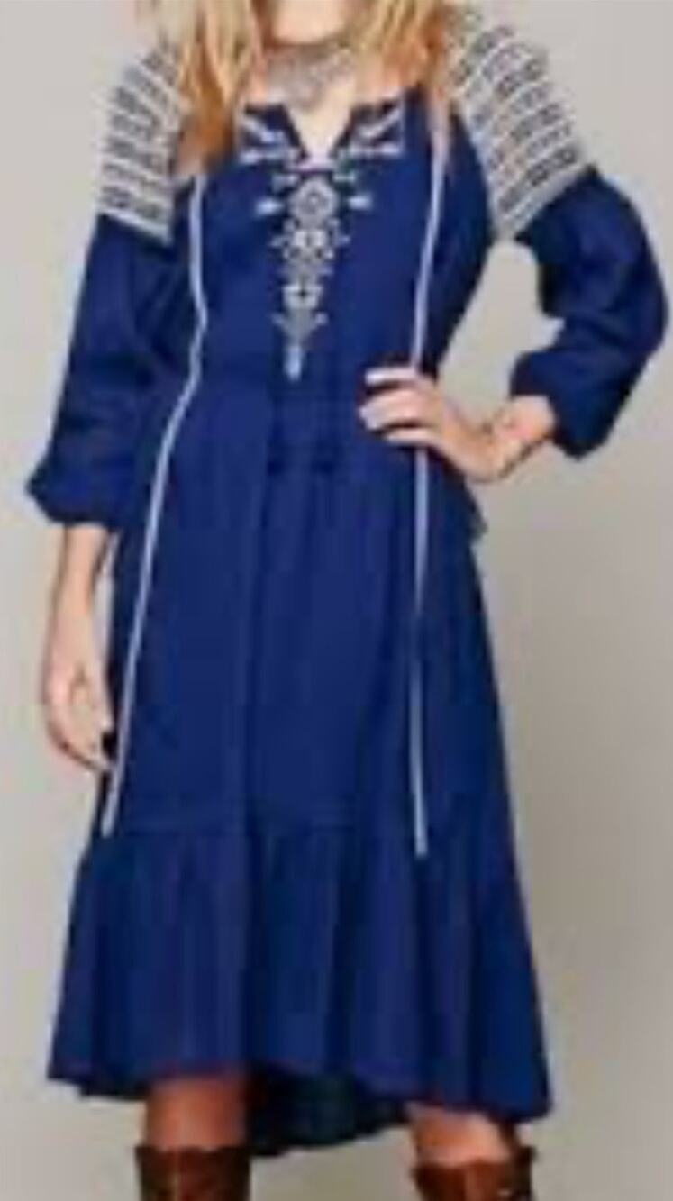 Free people navy blue embroidered elastic waist line long sleeve skirt xs